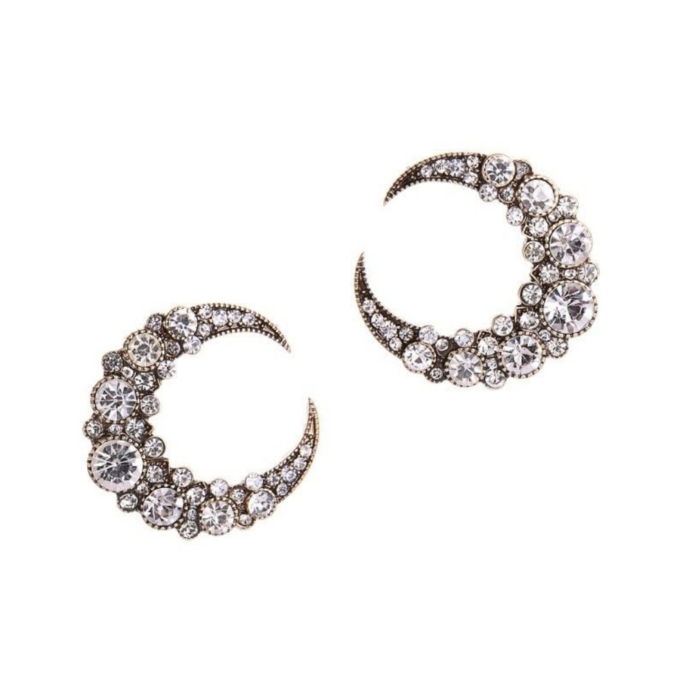 Crescent Moon Earrings Encrusted Rhinestones Large - Picture 7 of 8